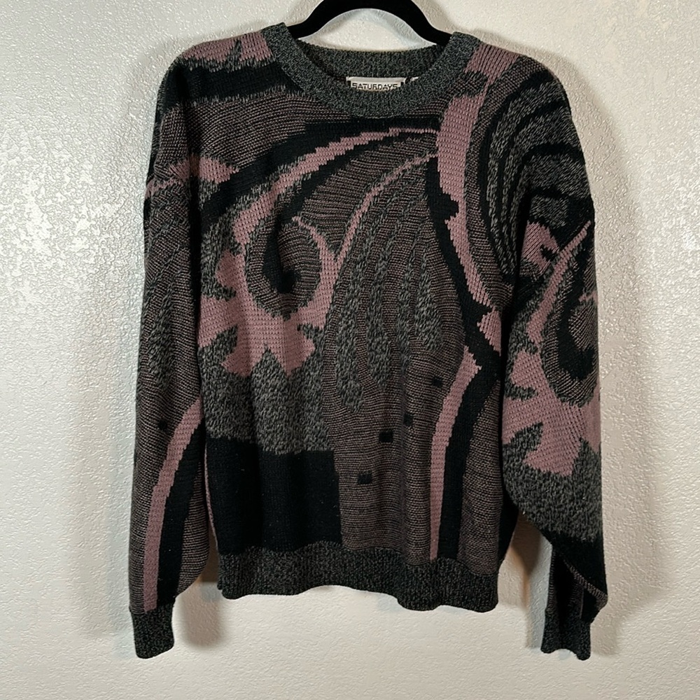 Saturdays 90s All Over Abstract Print Cosby Grandpa 3D Knit Sweater Crew Size XL